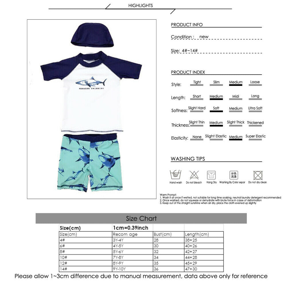 Kids Boy Baby 3pcs Swimwear Swimsuit Bathing Suit T-Shirt+Shorts+Cap Outfits Set