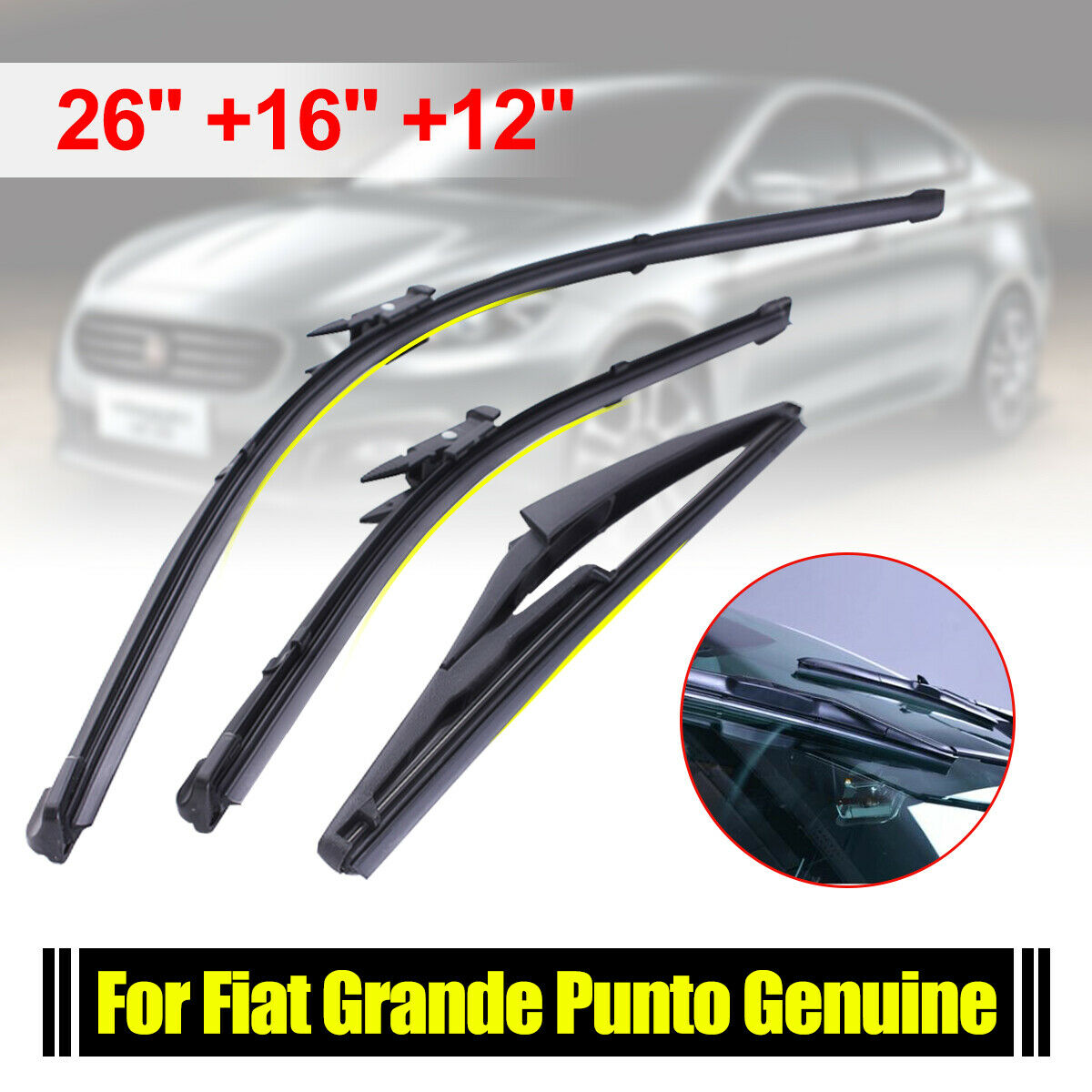 For Fiat Grande Punto Evo 2006-18 Front/Rear Windscreen 26" 16" 12" Wiper Blades