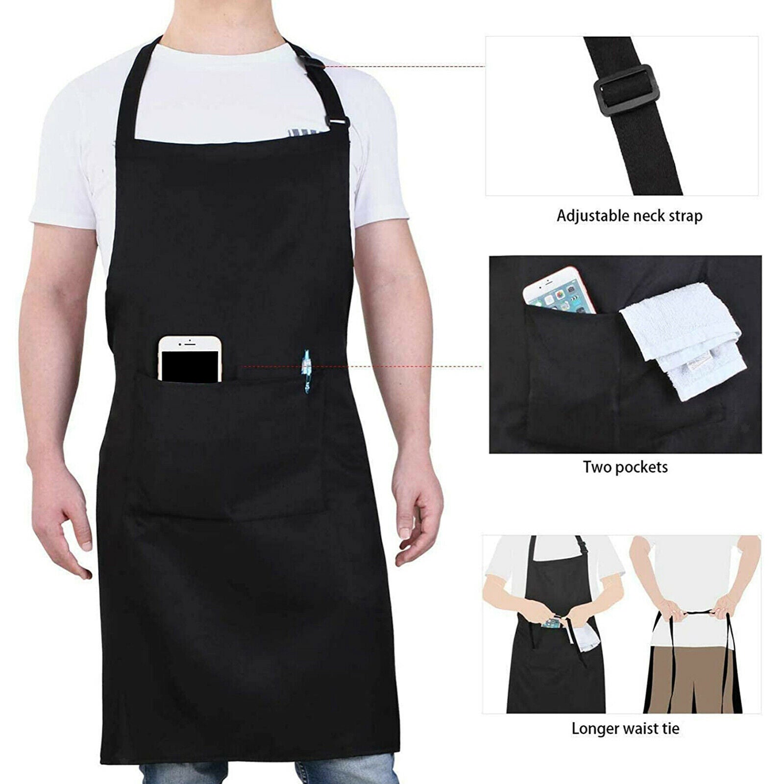 4X Men Women Cooking Apron with Large Pocket Baking Cooking Kitchen Apron Black