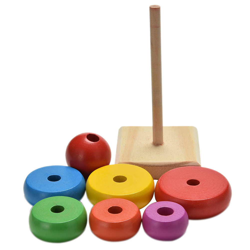 Rainbow Tower Ring Wooden Stacking Stack Up Kid Baby Educational Toy_DD