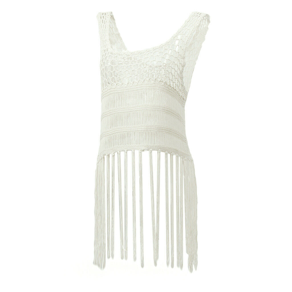 Women Crochet Knit Tank Camis Fringe Tassel Bikini Cover Ups Swimwear White