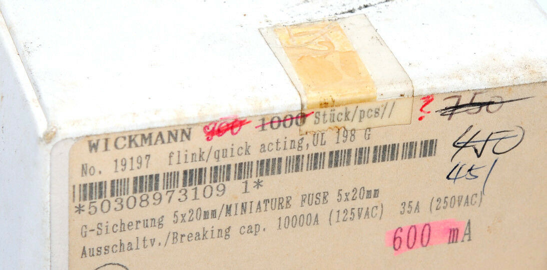 10pcs - WICKMANN (F) 600mA (0.6A)  250V 5x20mm Quick acting Glass Fuse