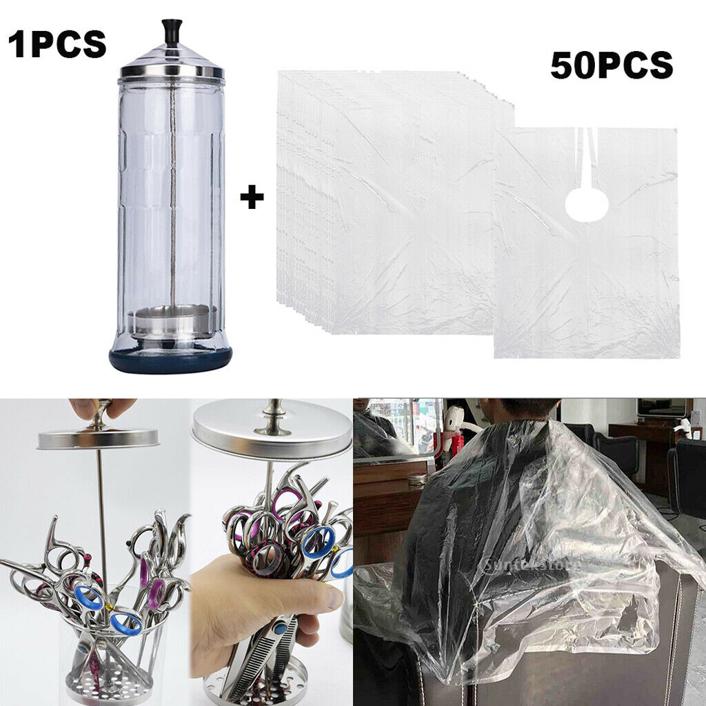 Glass Disinfection Jar Container + 50pcs Disposable Hair Cape for Salon