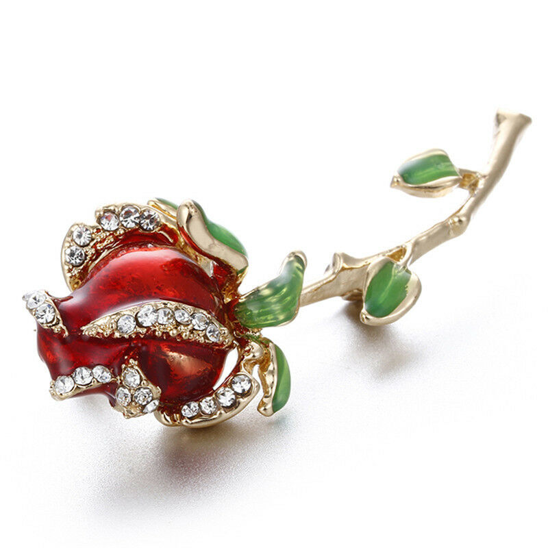 Rhinestone Enamel Red Rose BroochPin Flower Bouquet Brooch Wedding BridalGift Qx