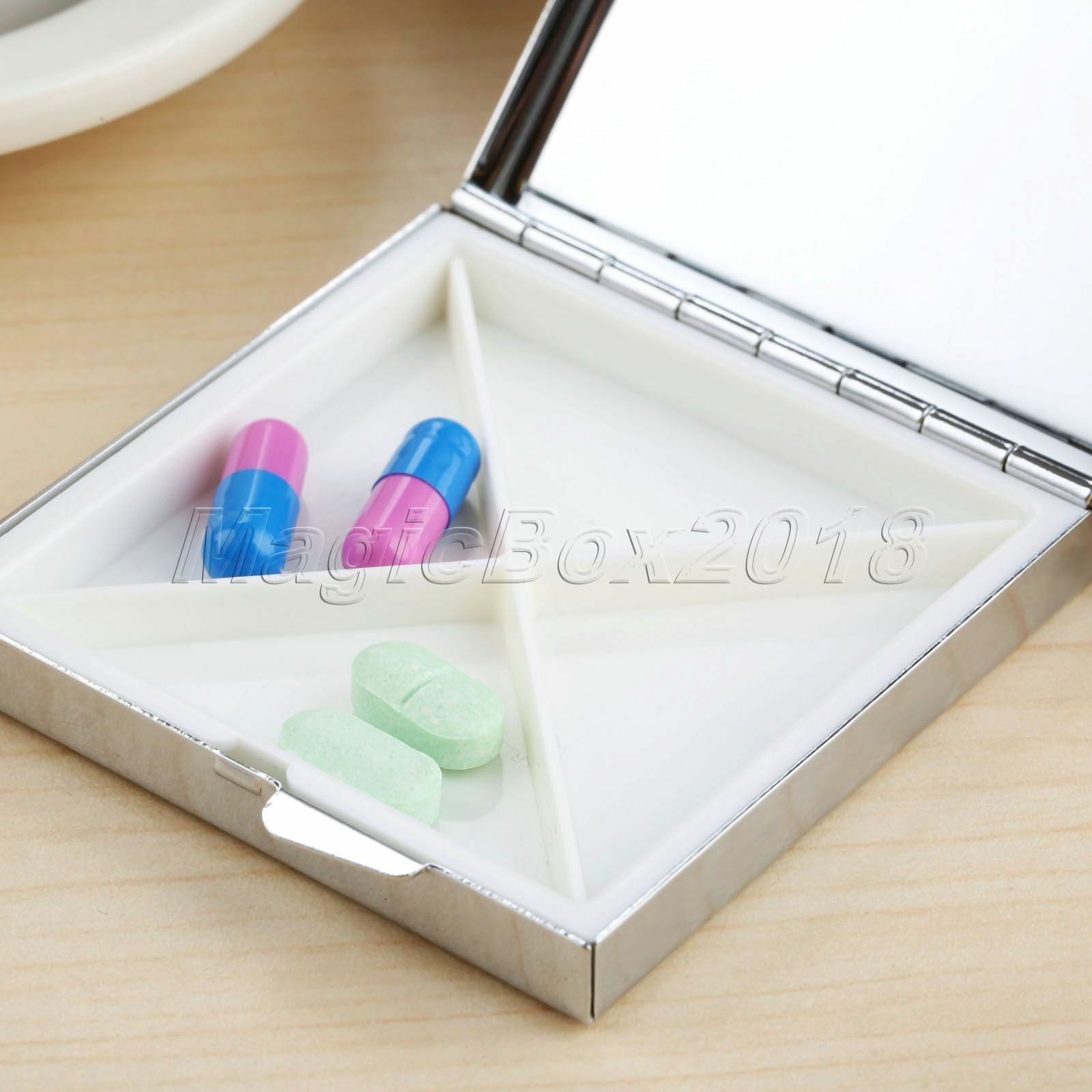 Rectangle Metal Pill Box Container Medicine Vitamin Capsule Organizer Case 4Grid