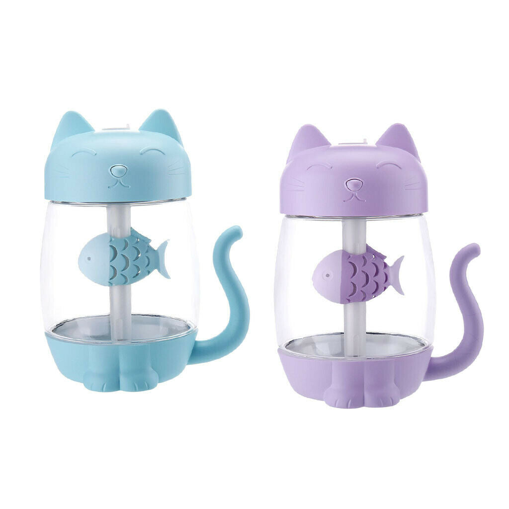 2 lot USB Cat Humidifier Fan LED Light Air Diffuser for Car Desk Purple+Blue