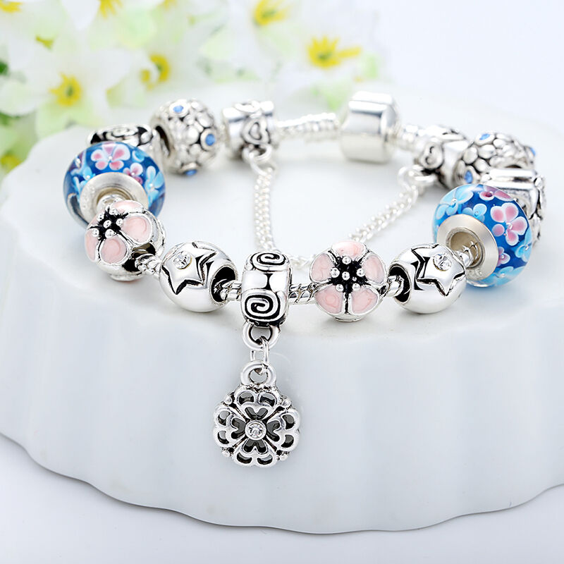 European 925 Glass Bead Charm Bracelet With Crystals Fit Women Authentic Jewelry