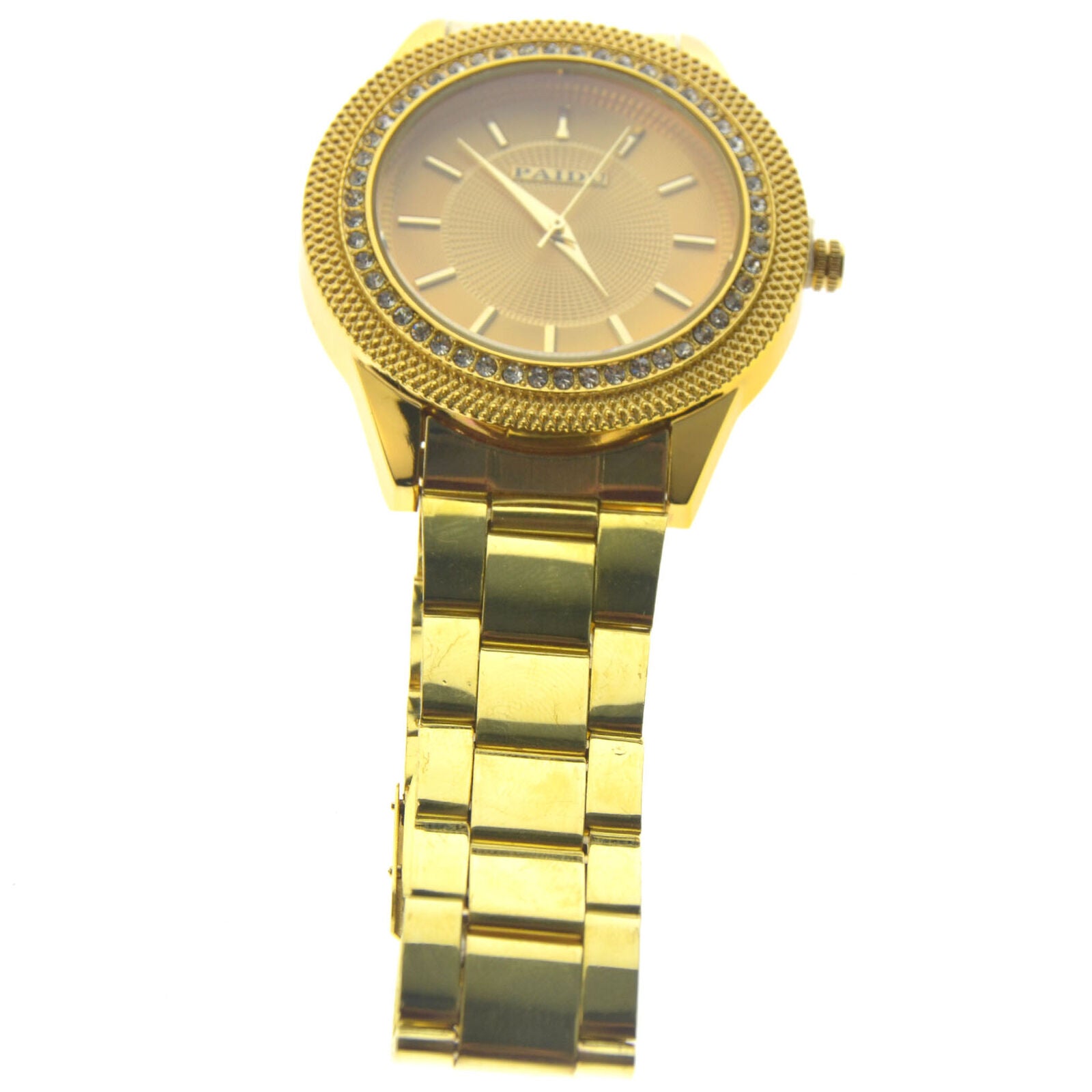 Luxury Mens Stainless Steel DATE DAY Rhinestone Crystal Steel Quartz Wrist Watch