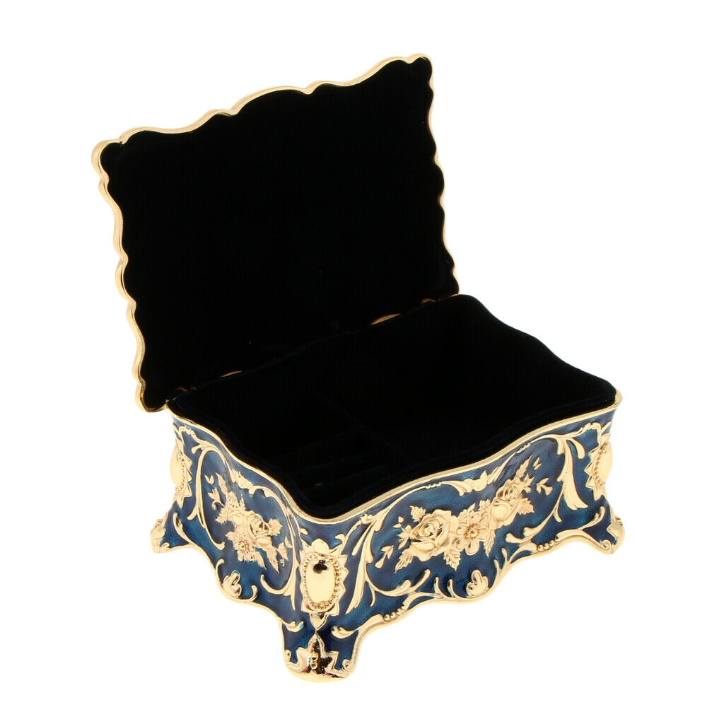 Retro Enamel Flower Sculpture Trinkets Chest Jewelry Box Organizer Dark Blue