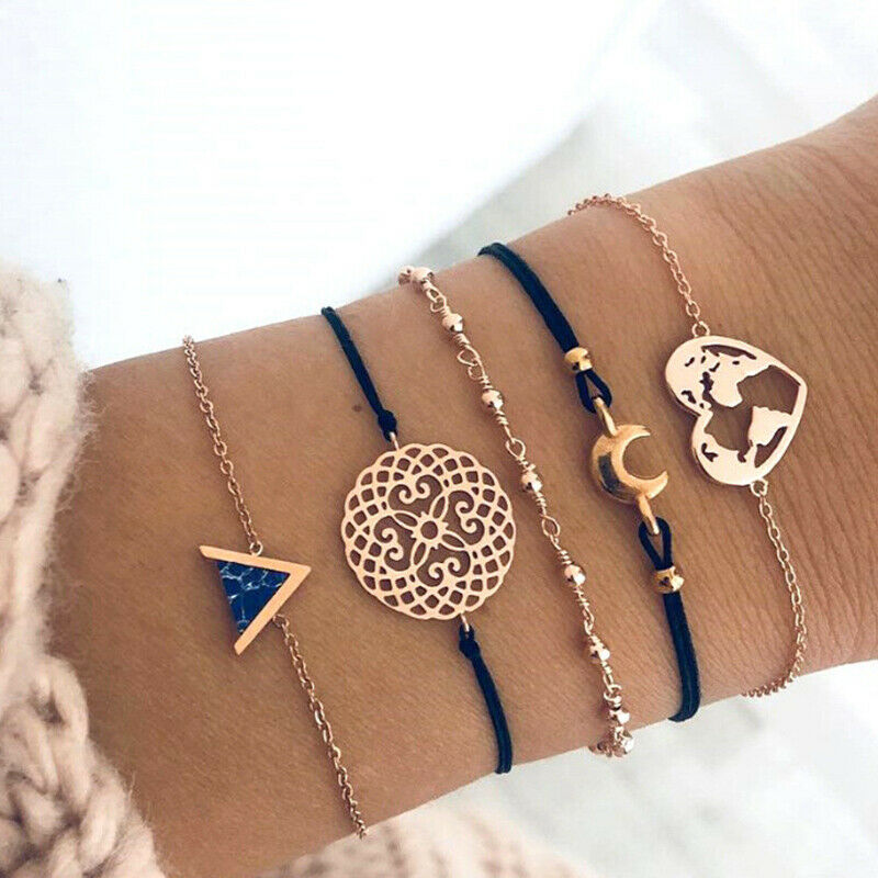 Bohemian Black Rope Chain Bracelet Set ForWomen aircraft Shell Moon Heart.l8