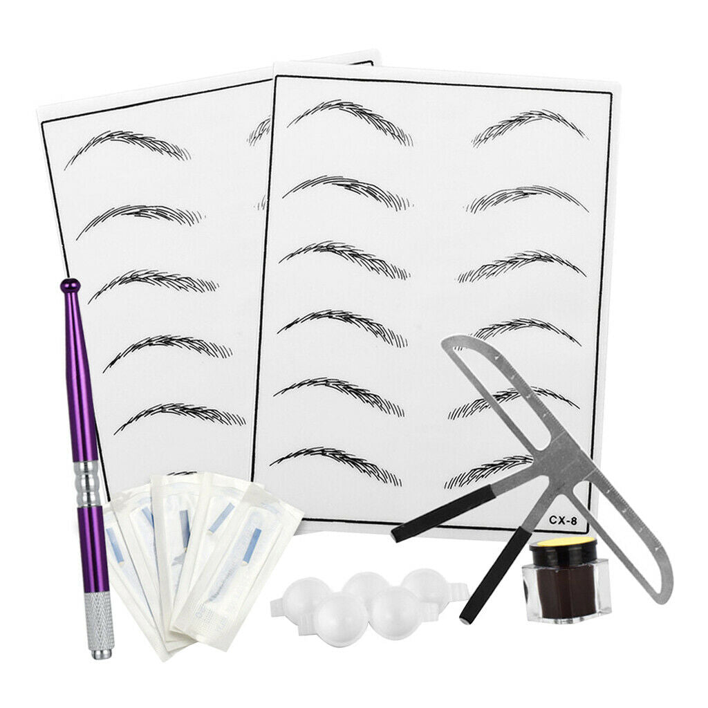 Microblading Permanent Eyebrow Tattoo Ruler Needles Pen Ink Pigment Kit Set