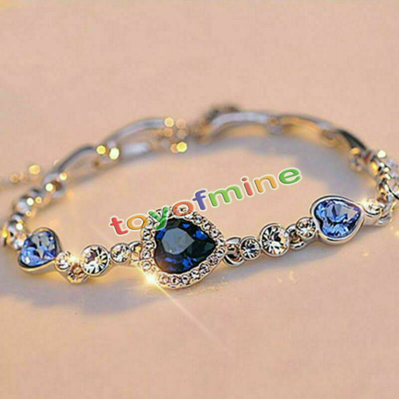Women Ocean Blue Crystal Rhinestone Heart Bangle Bracelet Gift New Fashion
