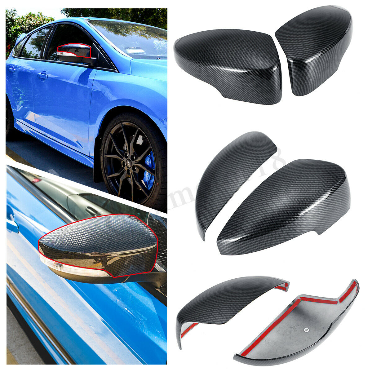 Pair Carbon Fiber Color Rearview Mirror Cover Cap For Ford Focus RS ST MK
