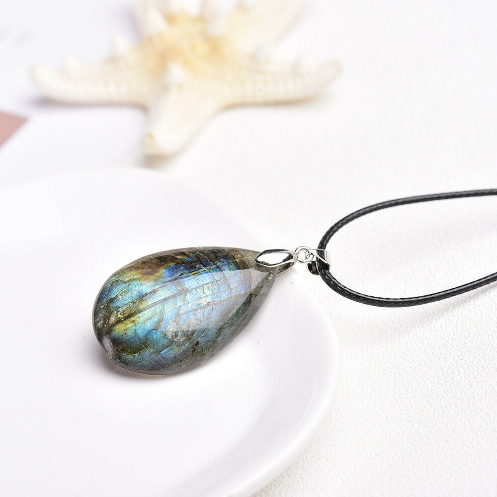 Energy Necklace Labradorite Natural Stone Water Drop Shaped Pendant Jewelry Gift