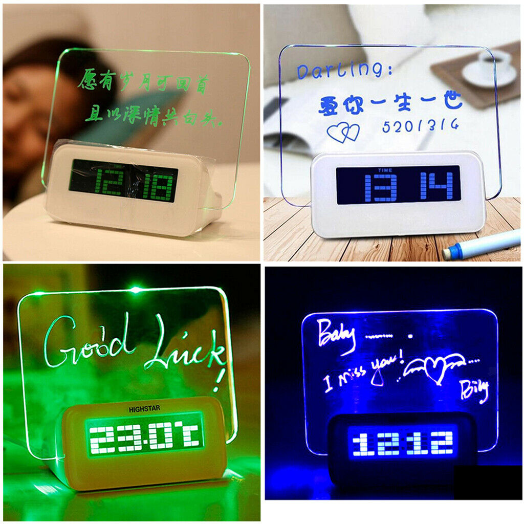 LED Digital Fluorescent Message Board Date Time Alarm Clock MKC White + Green