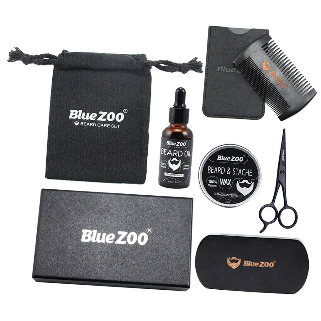 2 Set Men Grooming Kit Beard Balm Oil Wax Mustache Comb Brush Bag Scissors