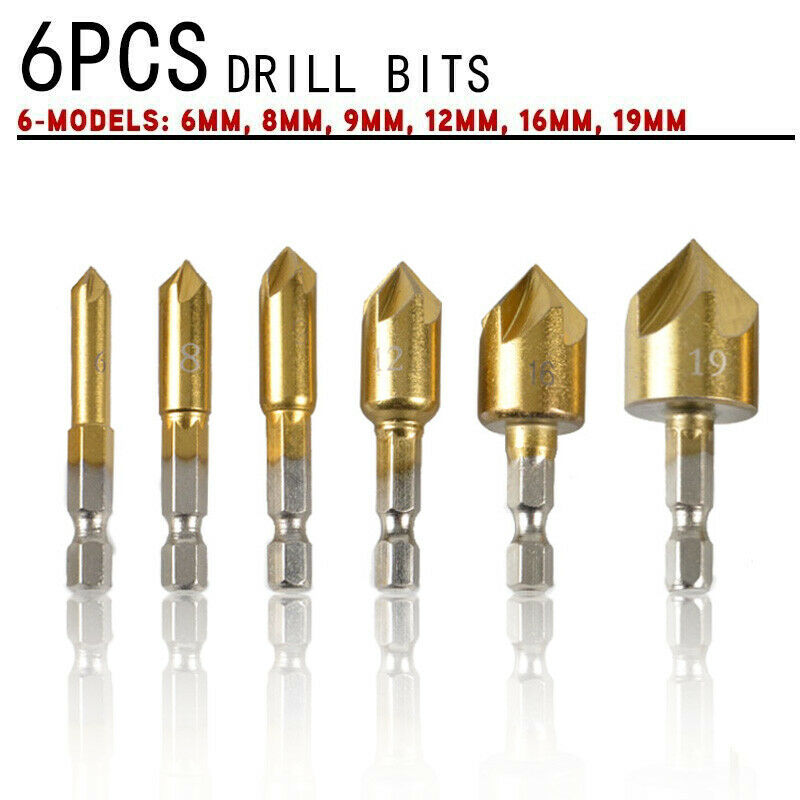 New 6Pcs/Set 90Â°Hex 5 Flute Drill Bit Set 6-19mm Counter Sink Chamfer Cutter