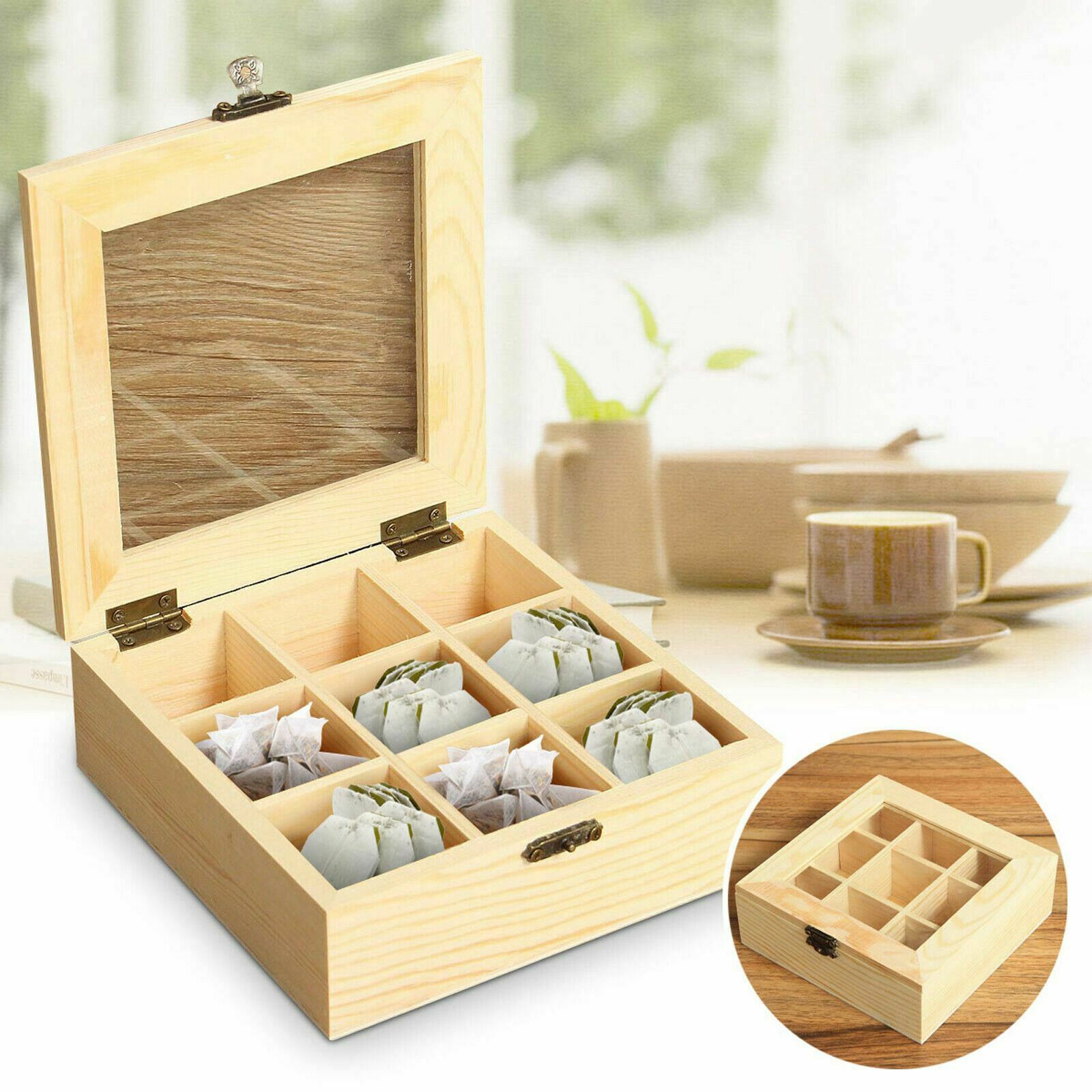 9 Compartments Wooden Tea Bag Tool Chest Storage Box Container Holder Glass Lid