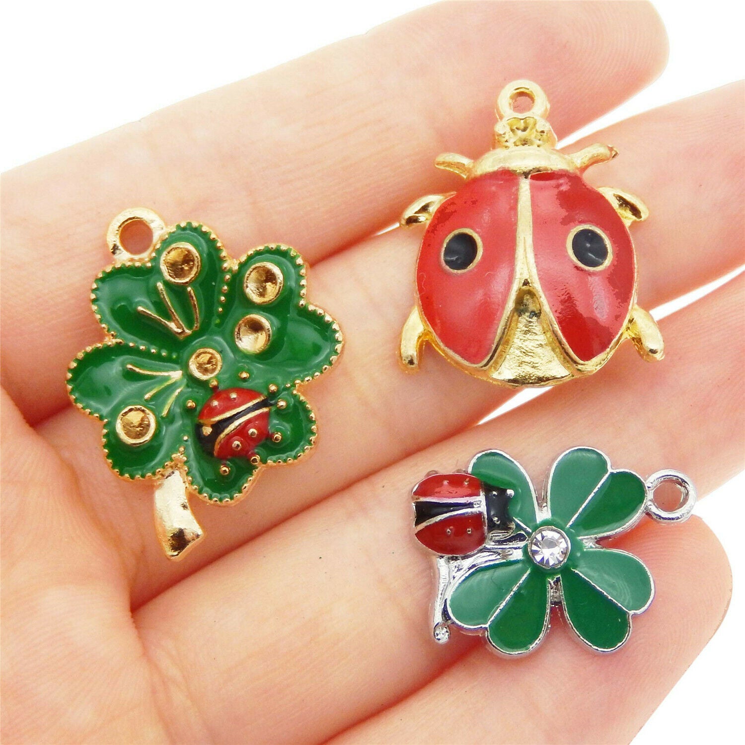 12 pcs Colorful Enamel Alloy Ladybug and Clover Leaf Charm Necklace Pendant