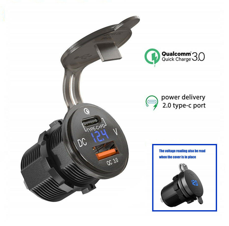 3 IN 1 TYPE-C QC3.0 5V/3A LED Digital Voltmeter for 12/24V Marine Boat Car Truck