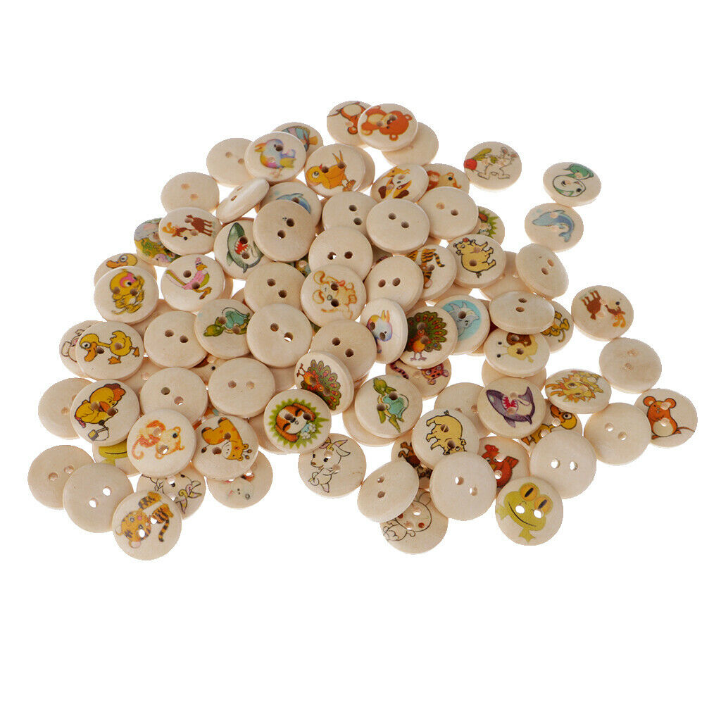 100x Round Animals Printed Wooden Flatback Buttons for Kids Crafts DIY 15mm