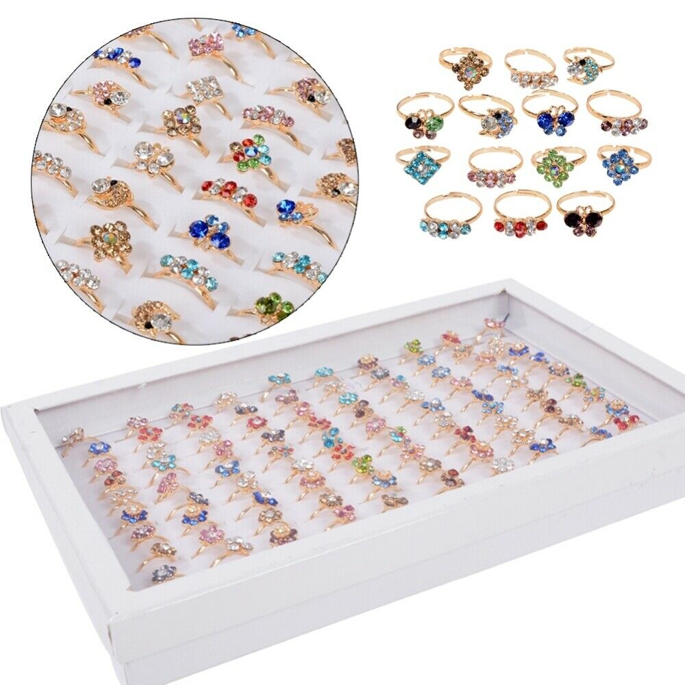 50pcs/Lot Wholesale Mixed Rings Crystal Rhinestone Flower Butterfly Finger Ring