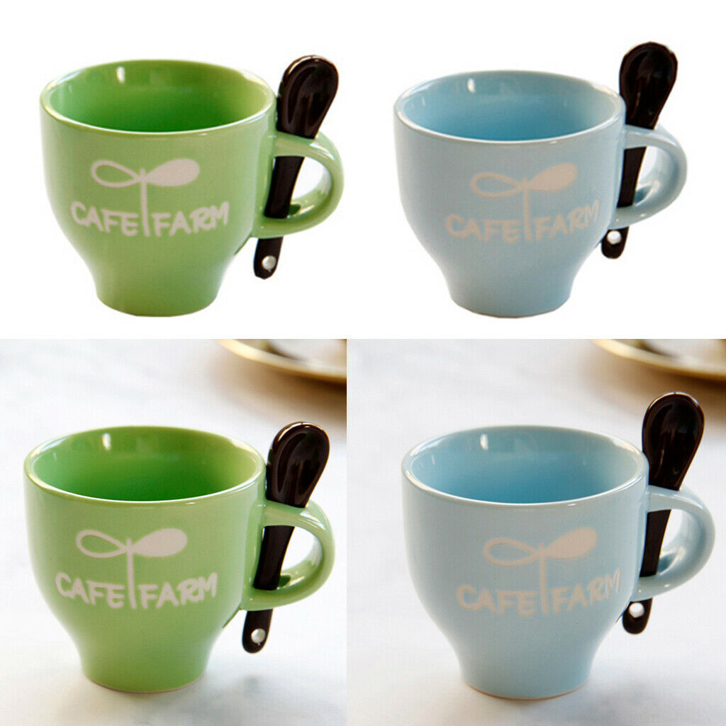 Set of 2, Mini Ceramic Coffee Mugs Espresso Cups w/ Spoon 4oz Green Blue