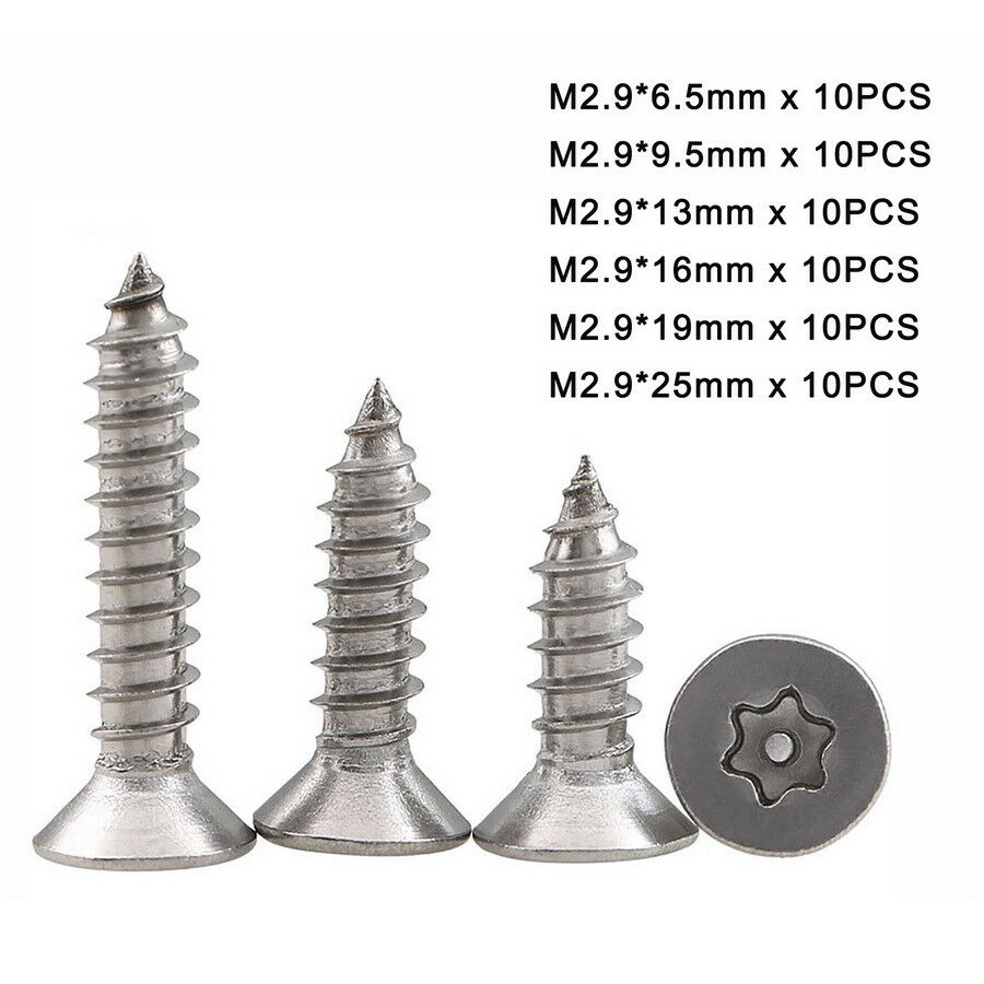 60Pcs M2.9*6.5-25mm Torx Flat Head Self Tapping Security Screws A2 Stainless Kit