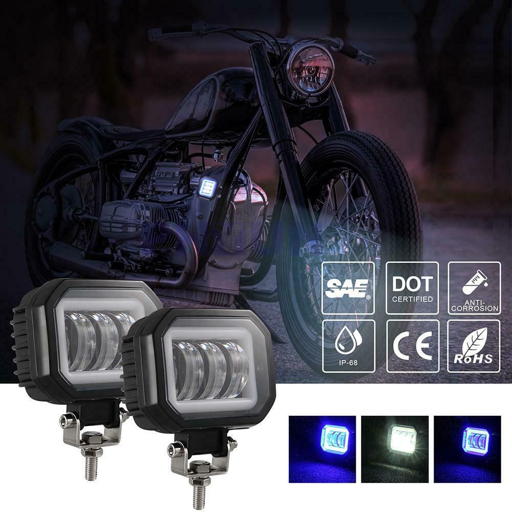 2pcs 12-30V 3.5" Square Car Motorcycle Work Lights DRL Blue Angel Eye w/Brackets