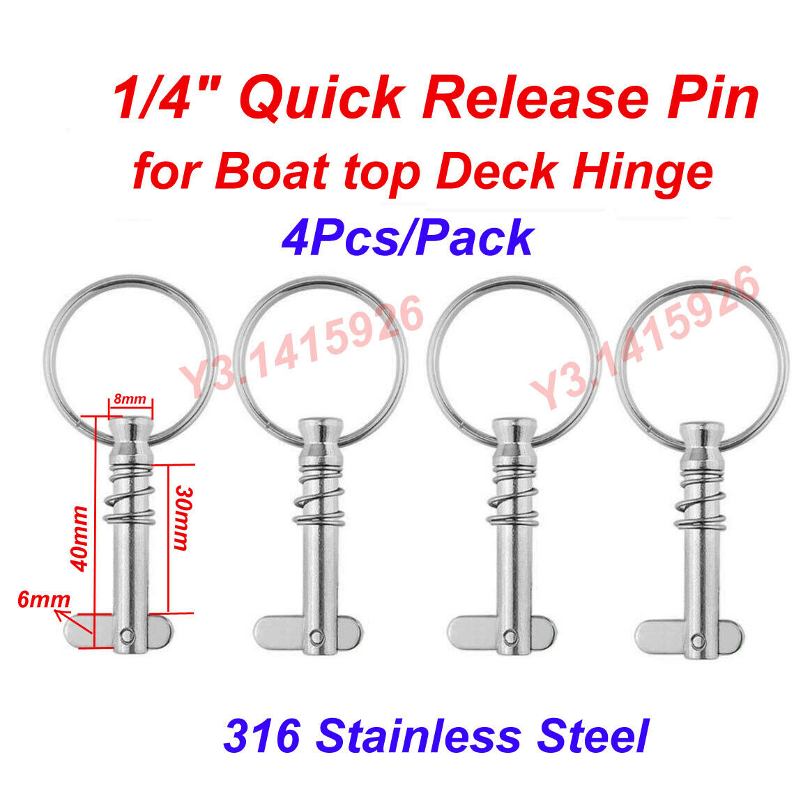 4Pc Spring Quick Release Pin 1/4" Stainless Steel Marine Boat Bimini Top Fitting