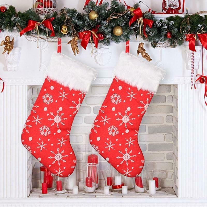 Embroidery Snowflake Christmas Stockings Candy Bag Xmas Plush Wide-Brimmed Red