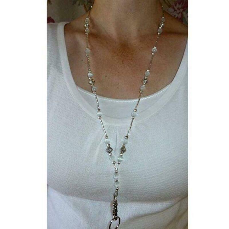 Hidden Hollow Beads White Pearls Beaded Lanyard ID Badge Holder Pendant Necklace
