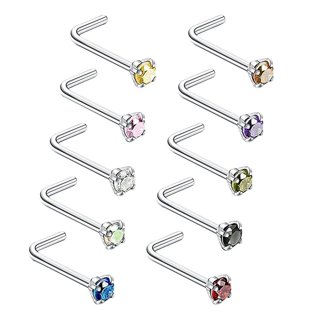 10pcs Rhinestone Stainless Steel Curved Nose Studs Rings 18 Gauge 3mm