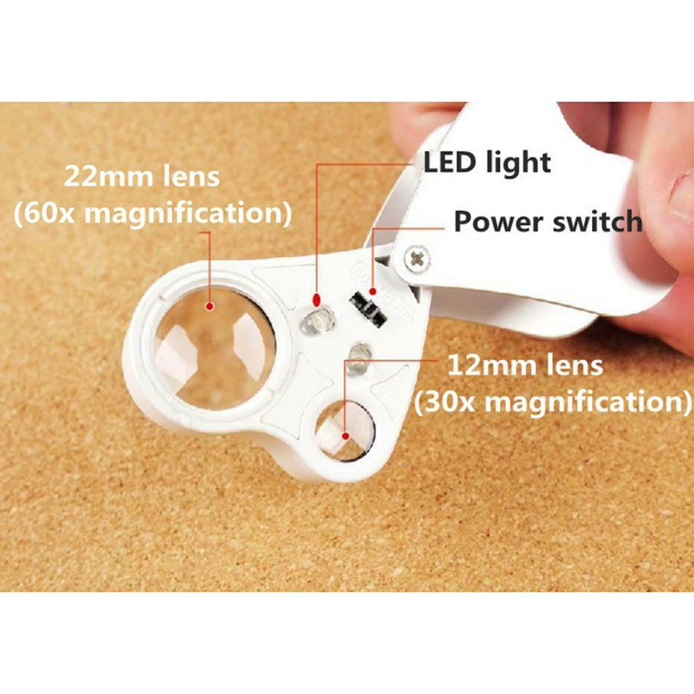 2 LED 30X 60X Glass Magnifying Magnifier Jeweler Eye Jewelry Loupe A#S