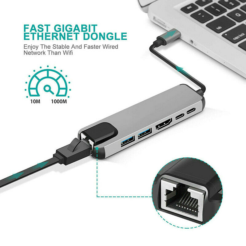 Type C Hub Adapter 6 in 1 USB C to Ethernet RJ45/ 4K HDMI/ 2 USB 3.0 Po LpC XC