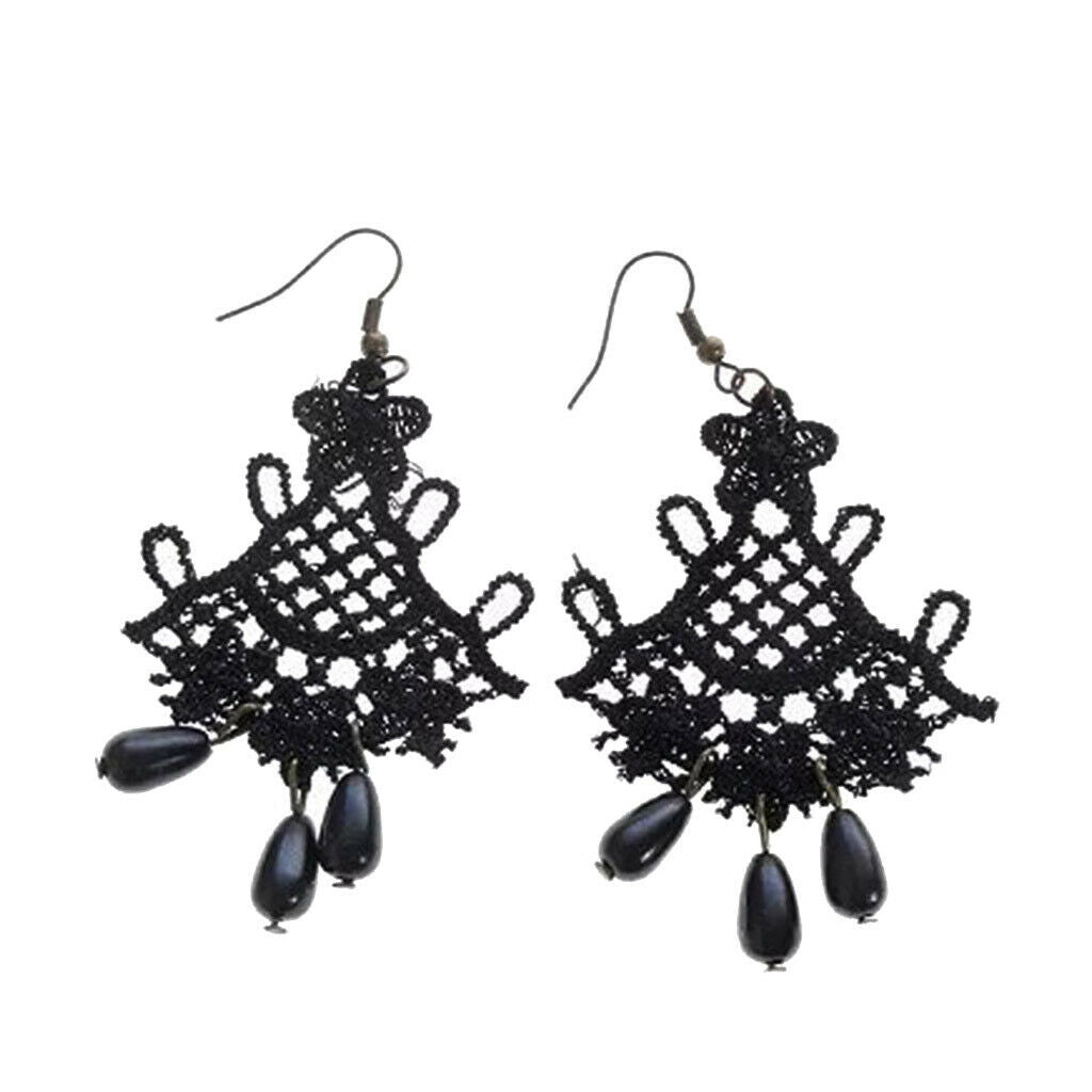 Fashion Black Lace Jewellery Dangle Earrings w/ Beads Elegant Lolita Decor