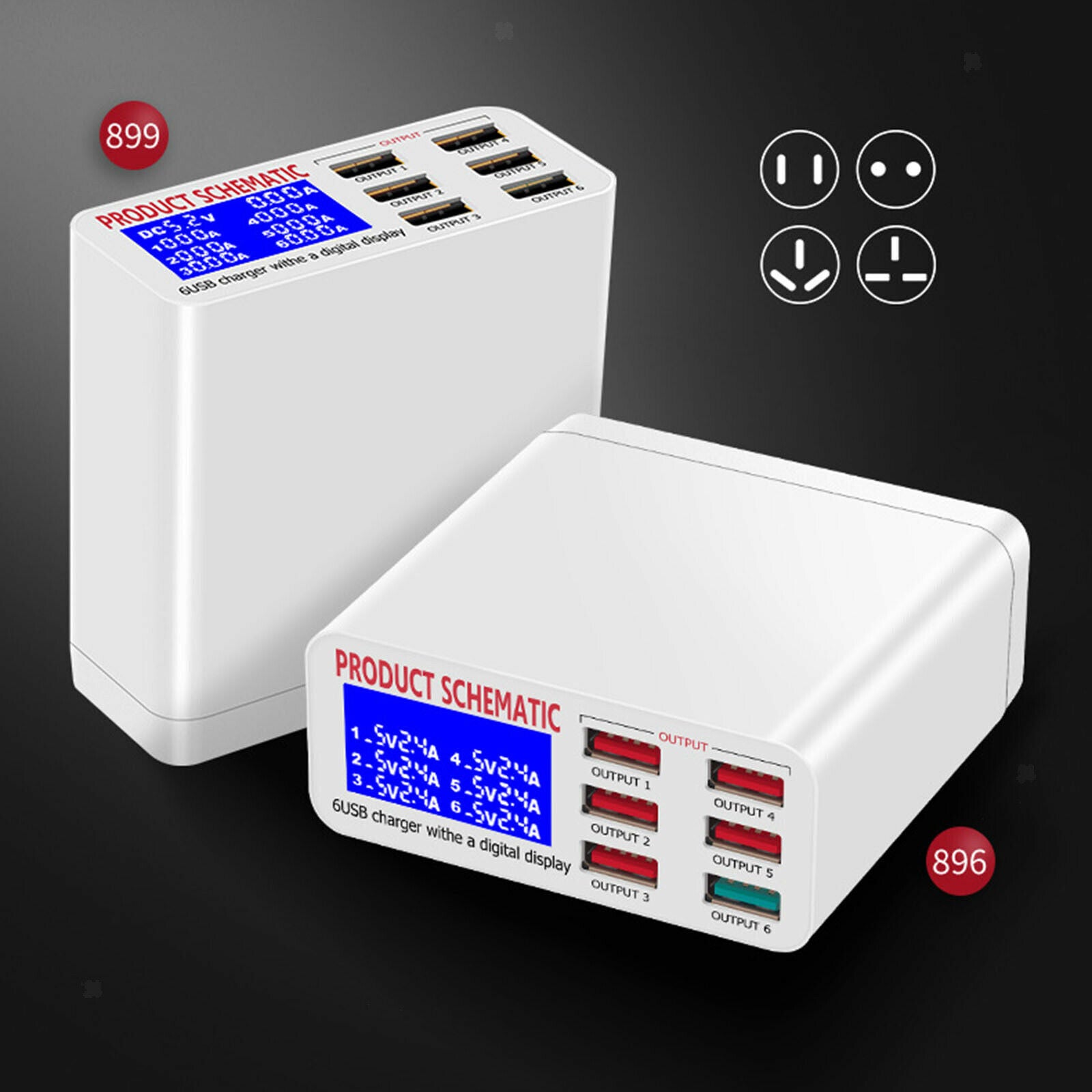6-Port USB Charger 40W Phone Charger QC3.0 Fast Charger LED Display UK-Plug