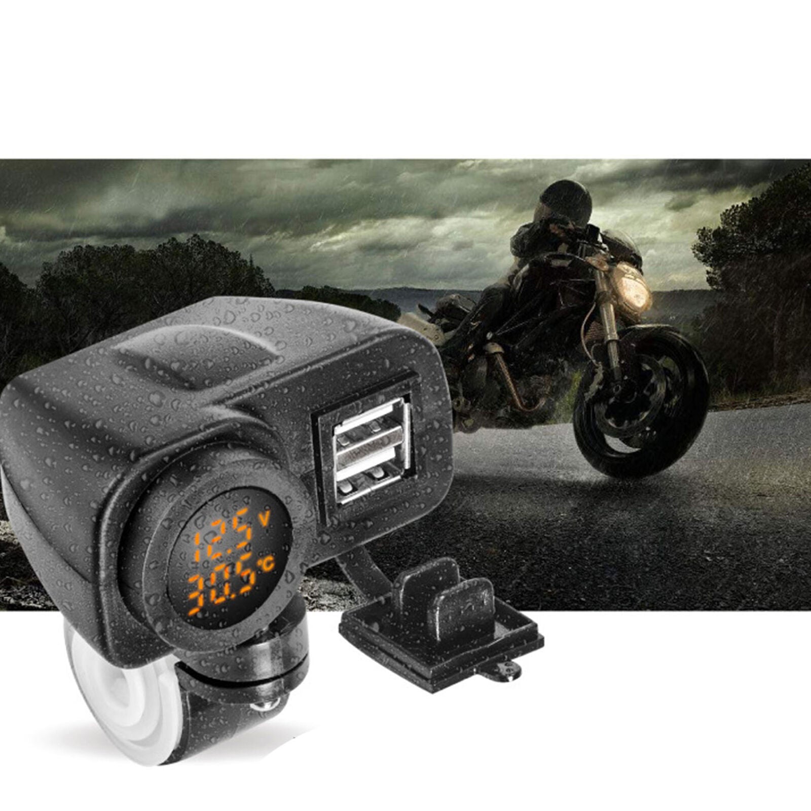 yellow LED 12V Motorcycle USB Charger 2.1A+2.1A Digital Voltmeter + Thermometer