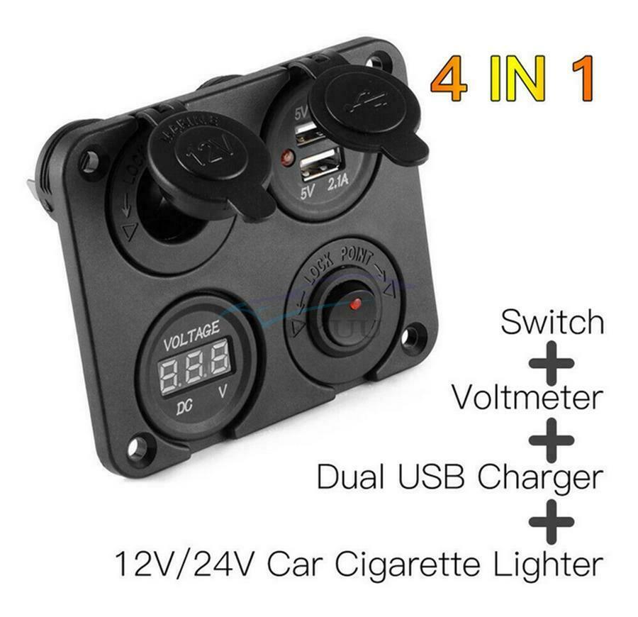 4Hole Panel Dual USB Charger Power Socket Voltmeter On-Off Switch For Marine Car