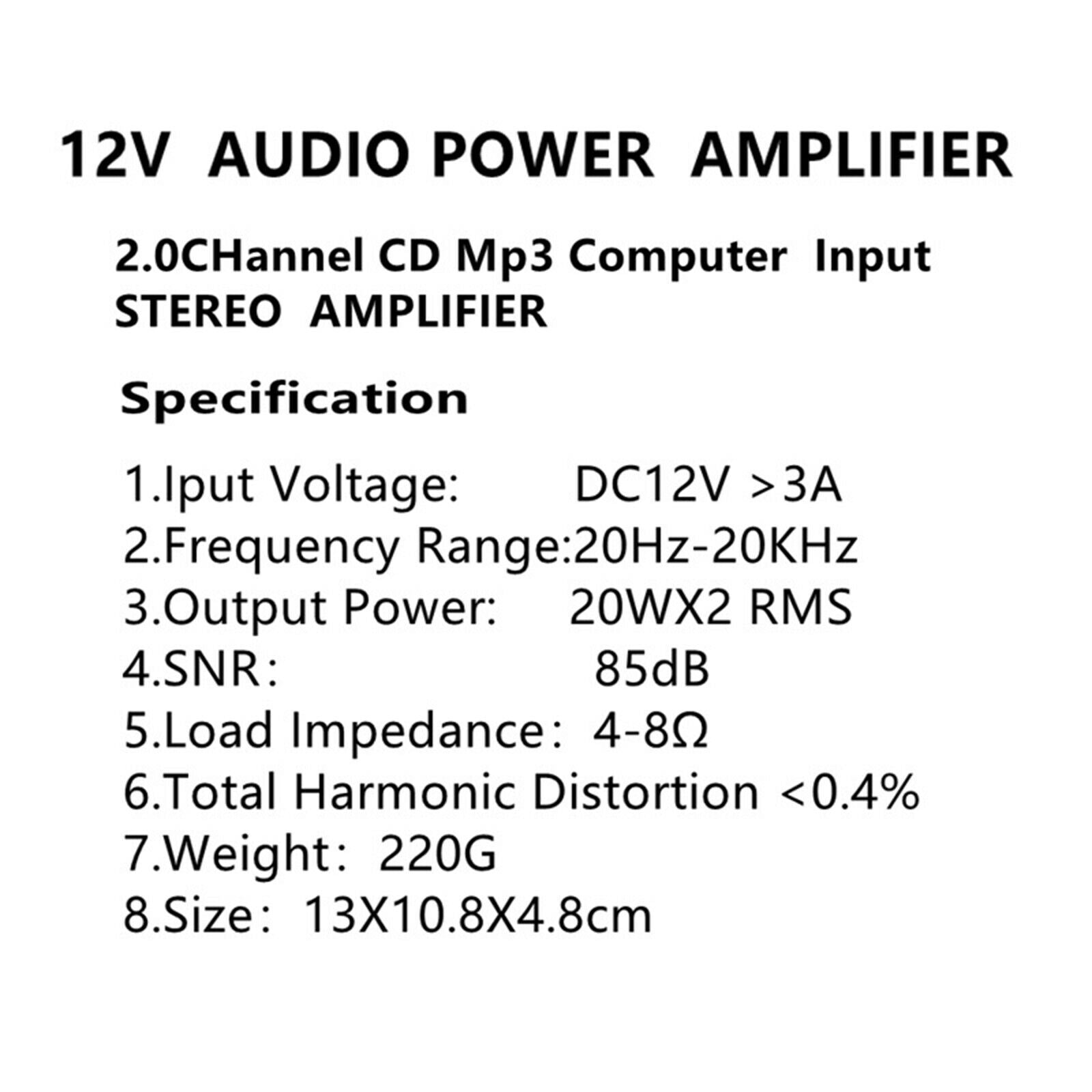 Power Amplifier DC12V HiFi Audio Receiver 20W+20W Bass Treble Subwoofer