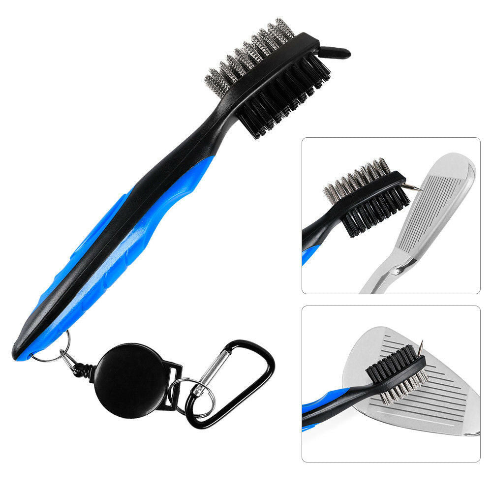 Brush Golf Club Dual Bristle Cleaning Cleaner Clip Groove Spike Retractable Reel