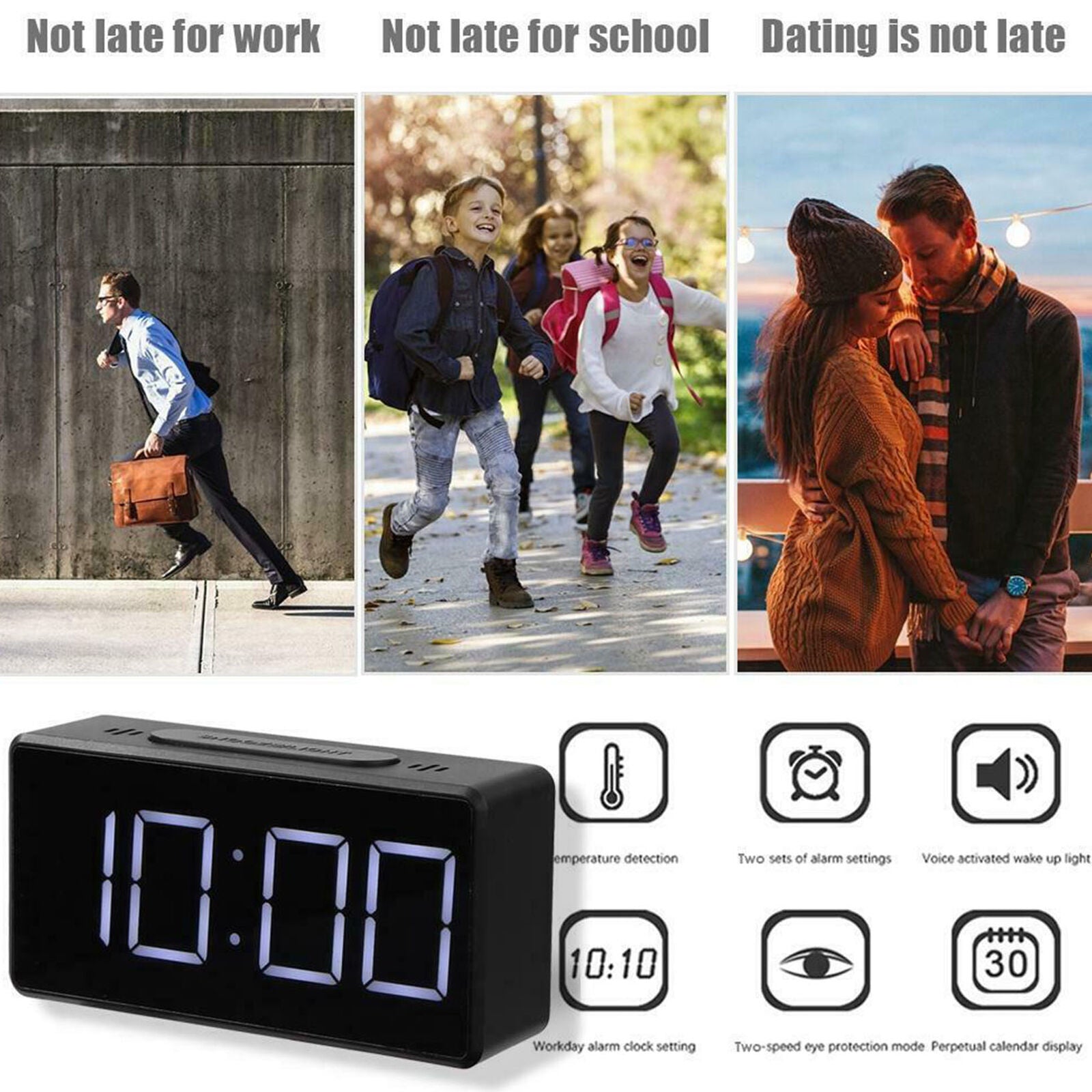 Electric Digital LED Alarm Clock Snooze Table USB Clock Temperature Thermometer