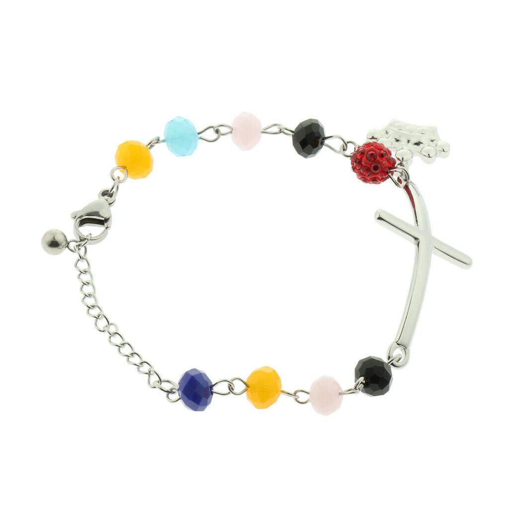 Women Cross Bracelet Crown Crux Colorful Beads Pendant Adjustable Length