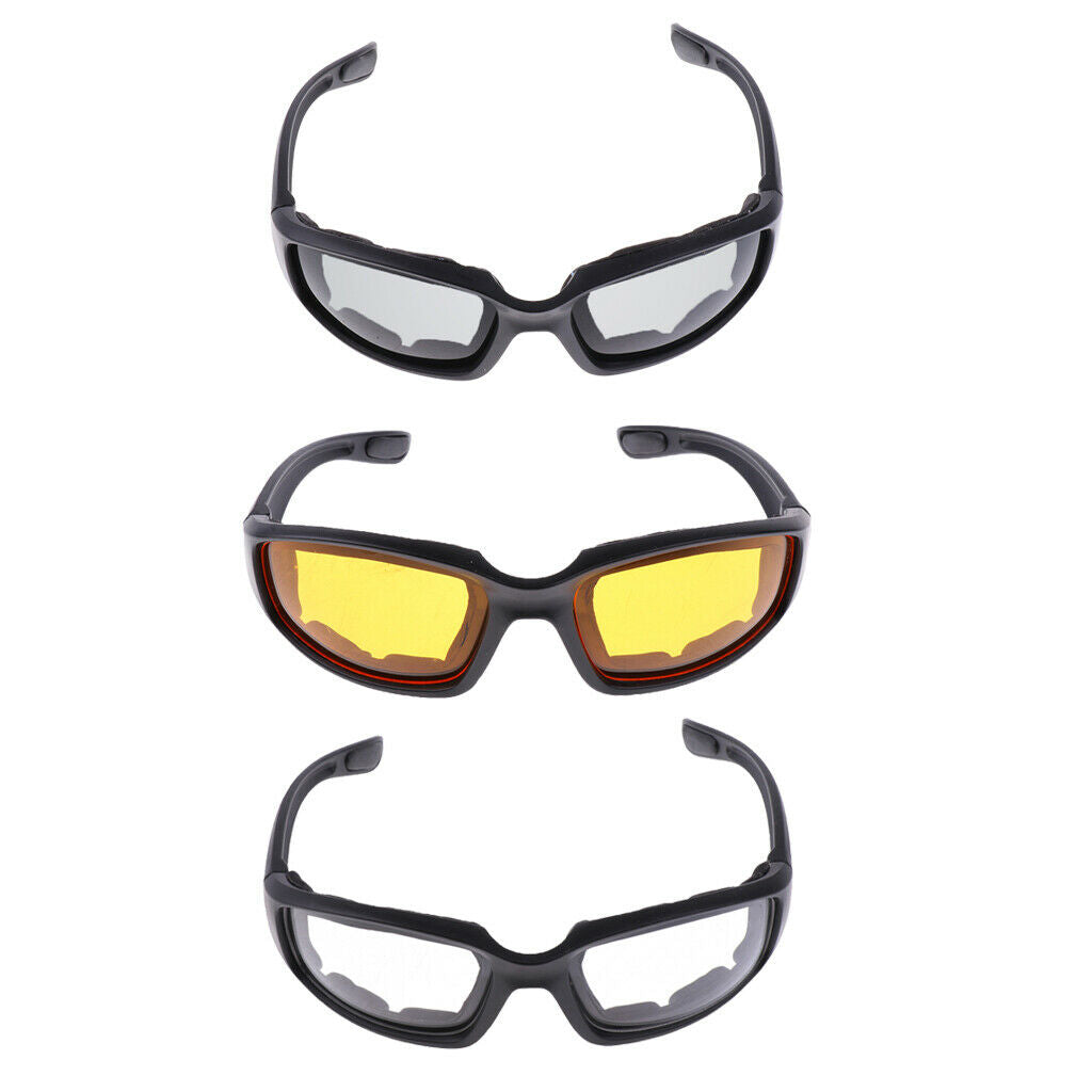 3 Pairs Padded Motorcycle Goggles Riding Glasses with Clear, Smoke, and Yellow