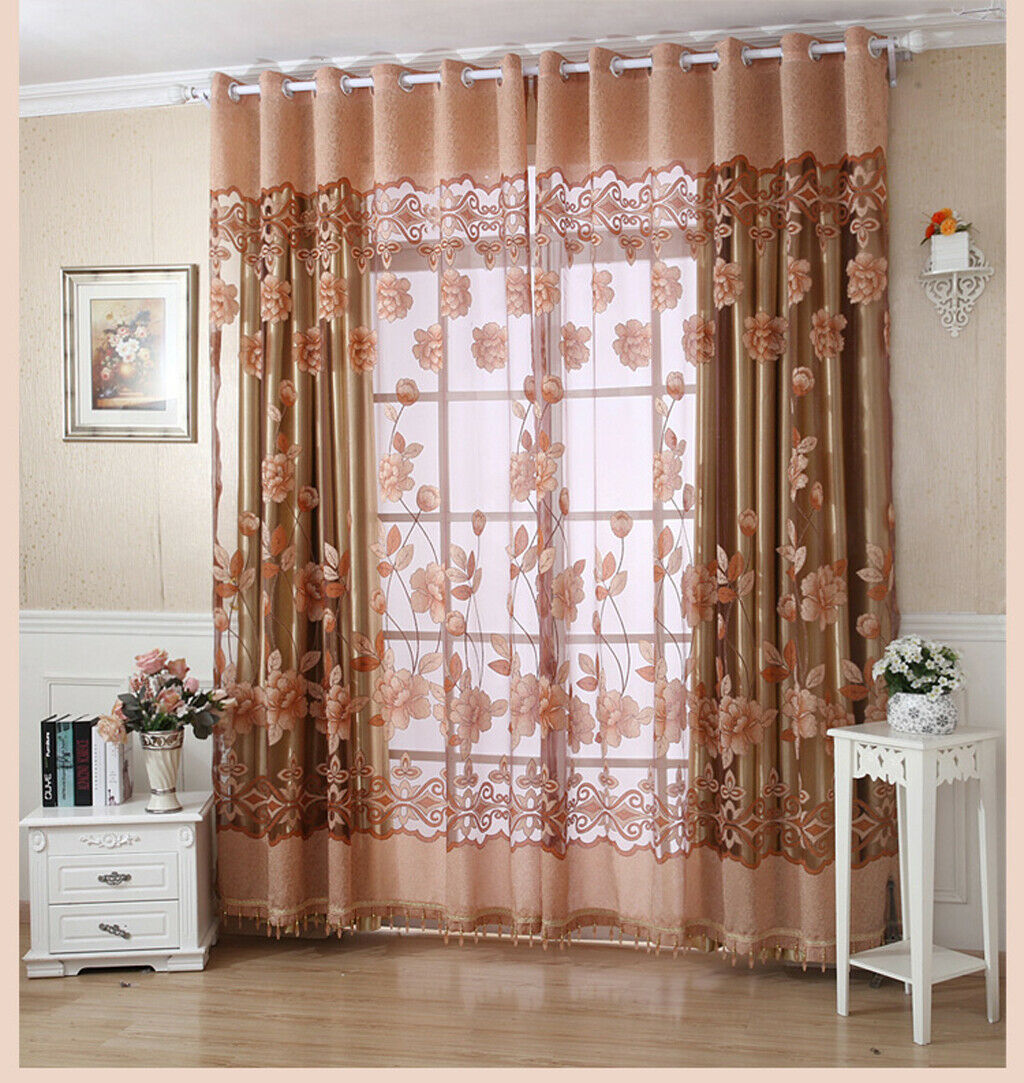 250x100cm Flower Pattern Jacquard Door Window Tulle Voile Curtain- Coffee UK
