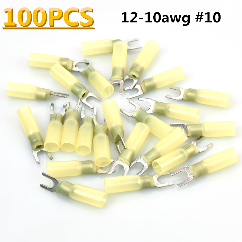 100 Heat Shrink Crimp Spade Terminal Fork Connector Yellow 12-10 AWG GA Wire #10
