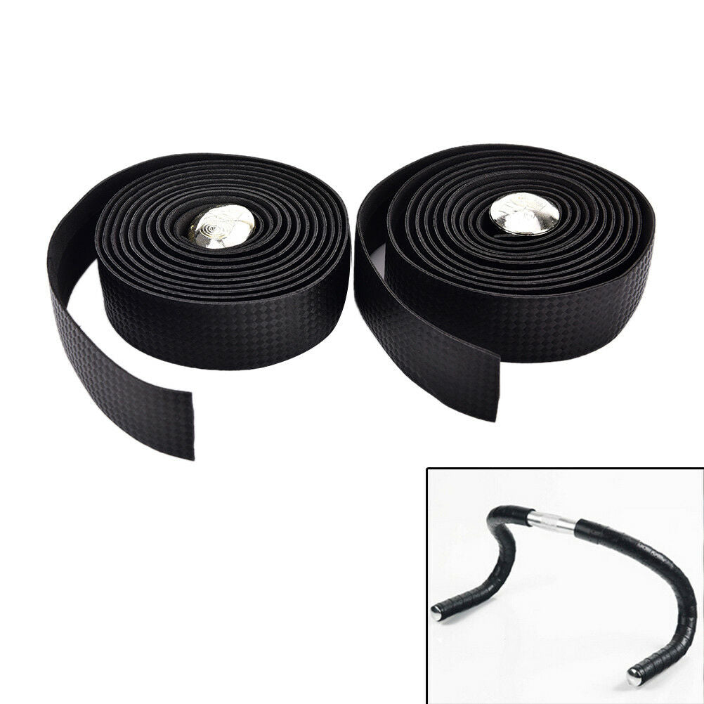 2X Bike Cycling Road Bike Carbon Fiber Handlebar Tape Wrap + 2 Bar Plug black Rf