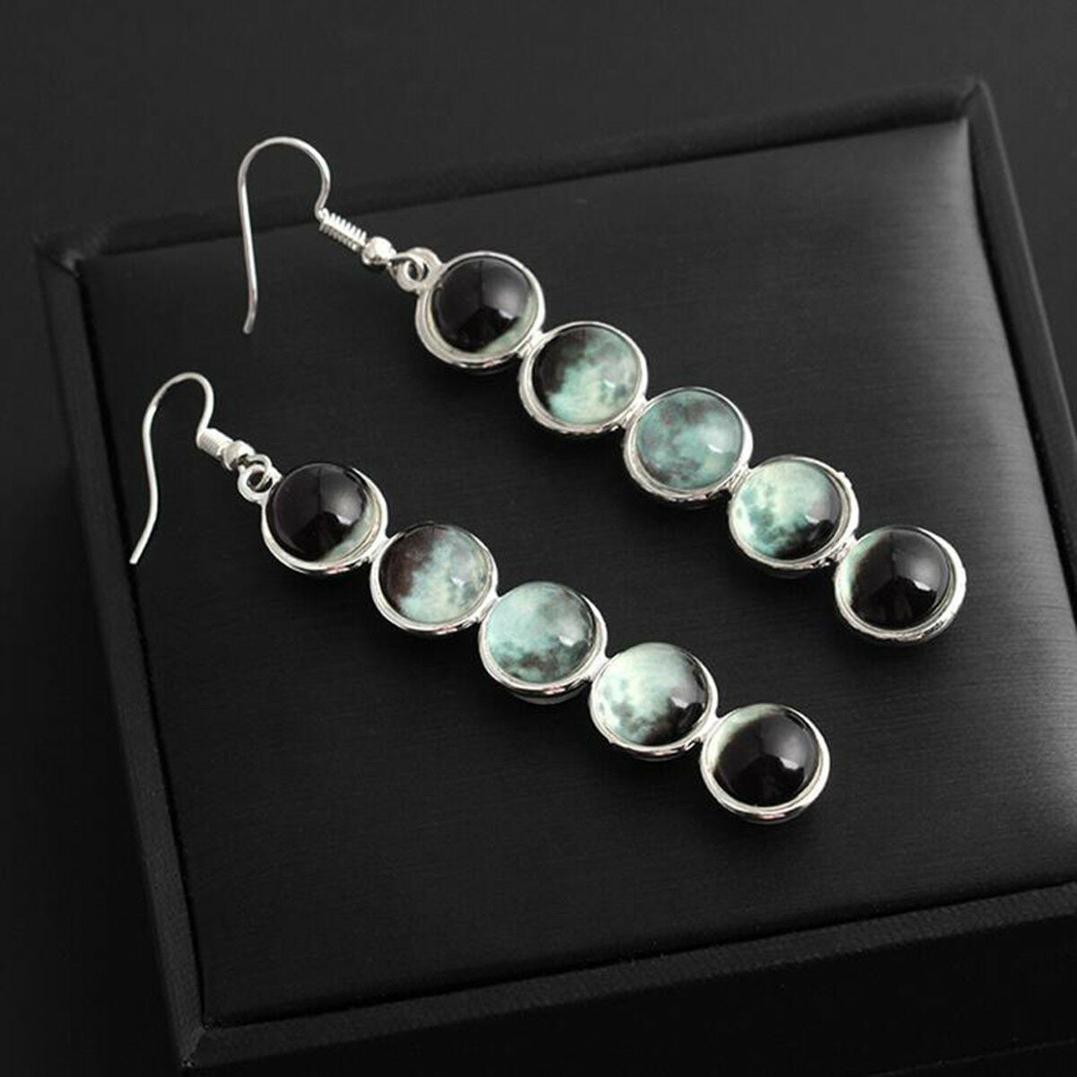 Ethnic Glow In the Dark Glass Dome Moon Phase Earrings Moonstone Dangle Earrings