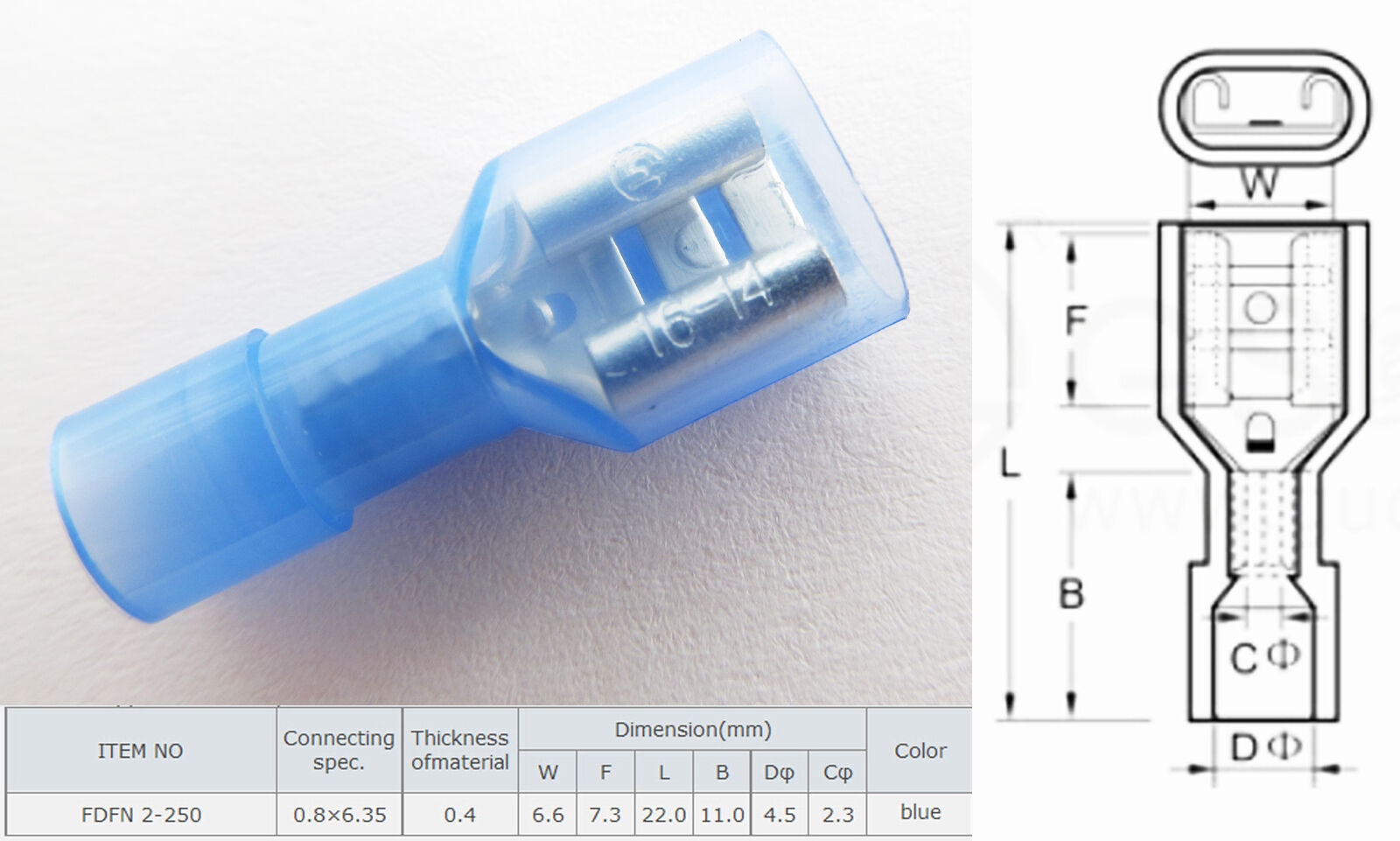 100pcs Blue Nylon Full Insulated Female Copper Terminals 14-16 Gauge W:6.6mm 15A