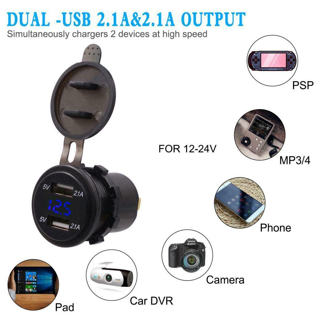 2 USB Charger Power Socket Digital Voltmeter Blue LED Light 12-24V